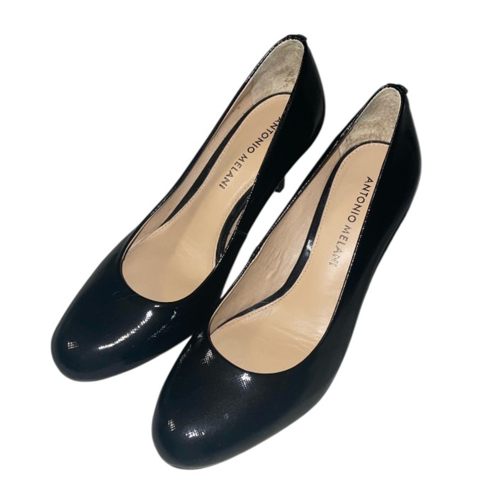 ANTONIO MELANI Round Toe Black Patent Leather 3" Heel Pumps Slip On Heels 6.5